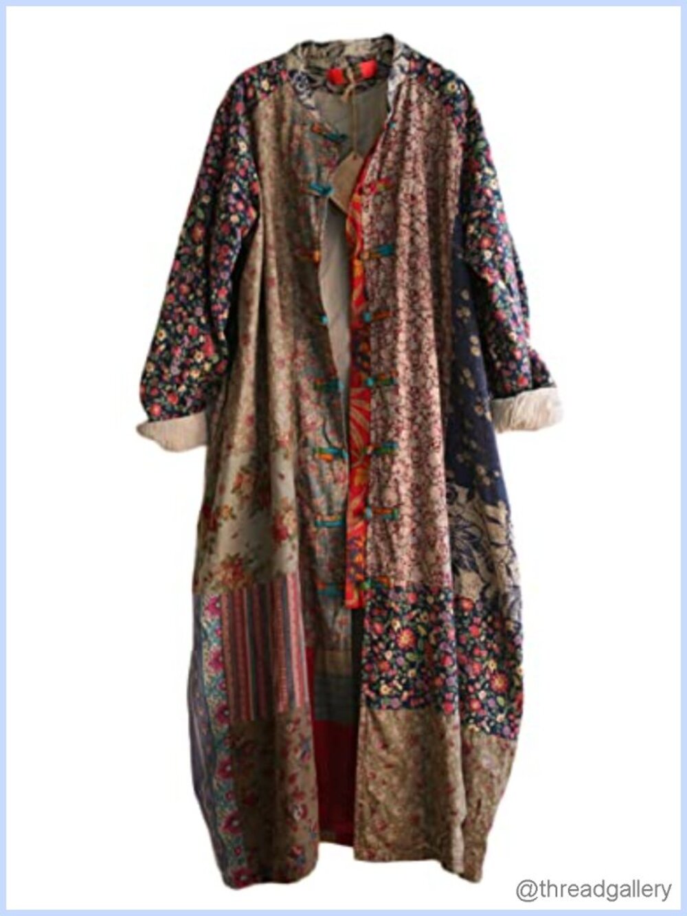Women's Trench Coat Long Cotton Linen Floral Jacket Cottagecore Patchwork